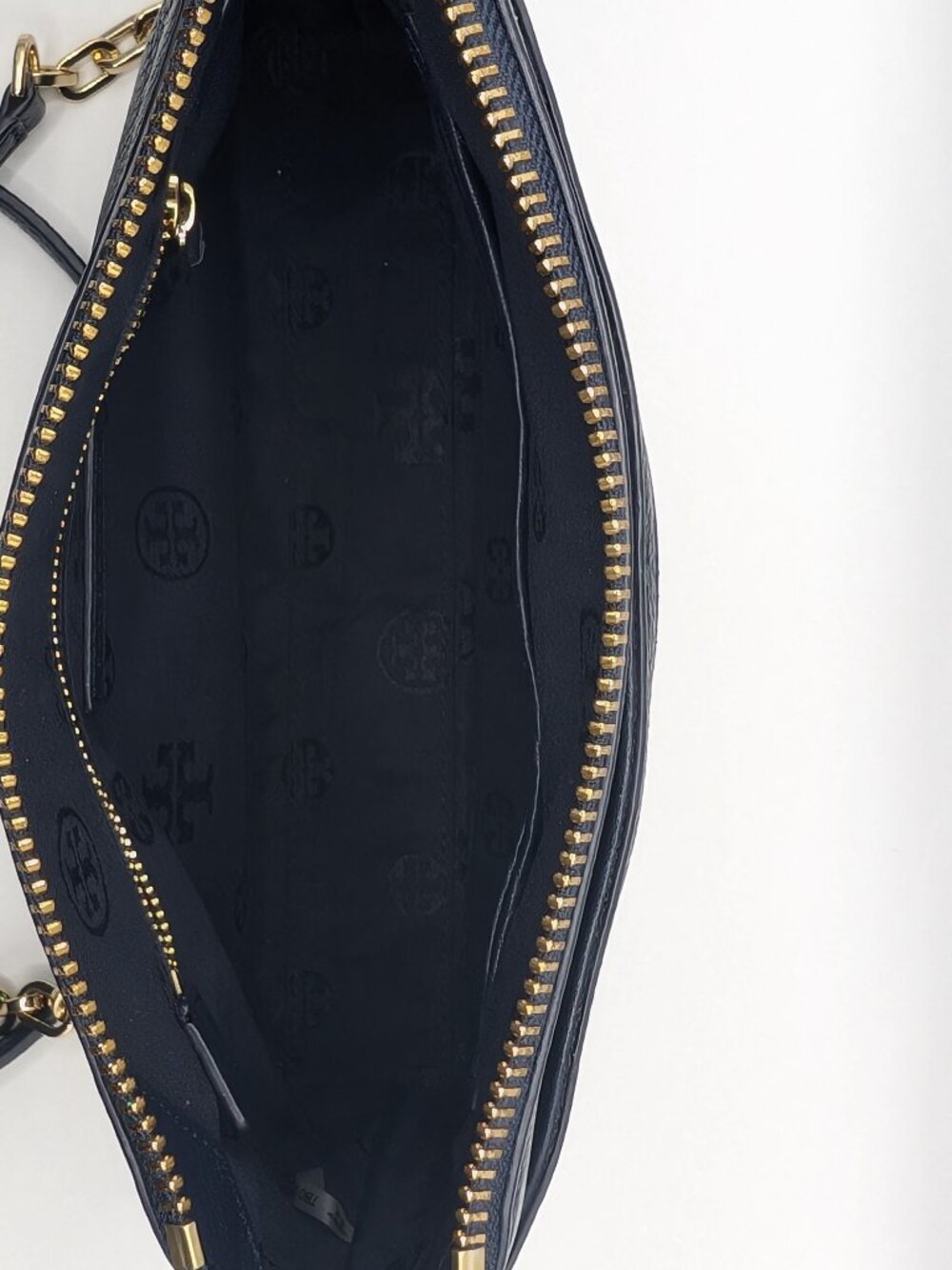 Tory Burch Navy Perry Bombé Double-Zip Crossbody | Gold Chain Strap | Pebbled - Picture 7 of 7